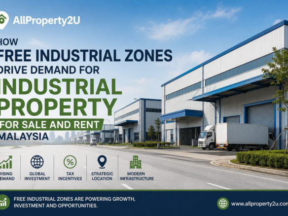 Aerial perspective of a modern logistics park showcasing high-spec manufacturing facilities suitable for industrial property for sale and rent malaysia.