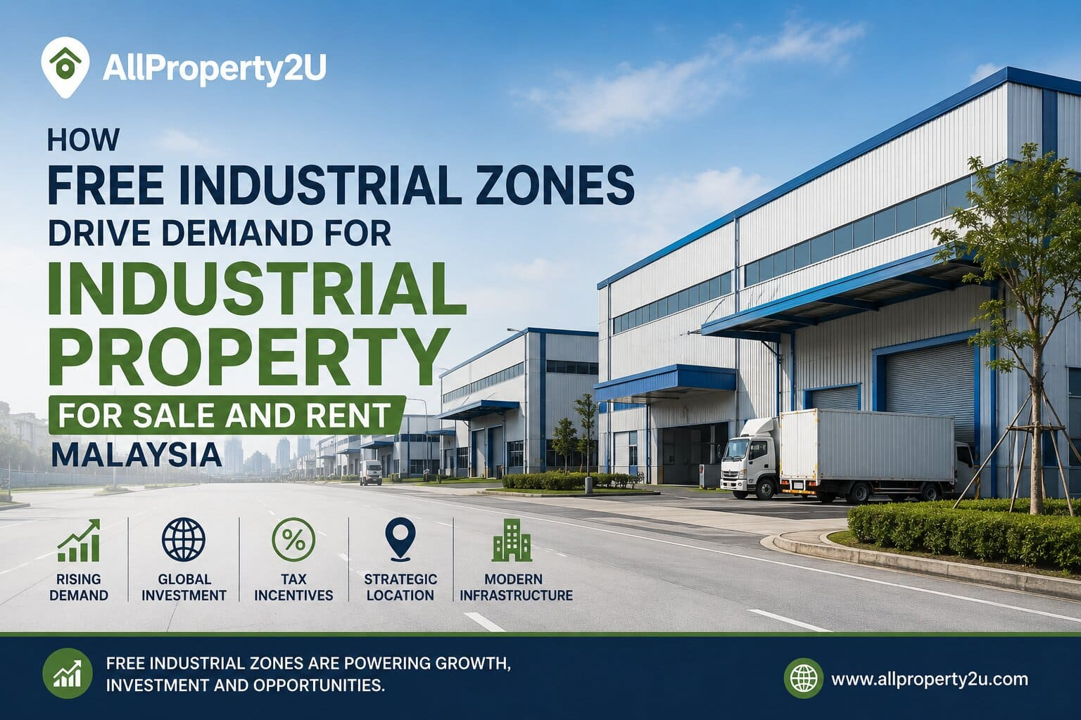 Aerial perspective of a modern logistics park showcasing high-spec manufacturing facilities suitable for industrial property for sale and rent malaysia.