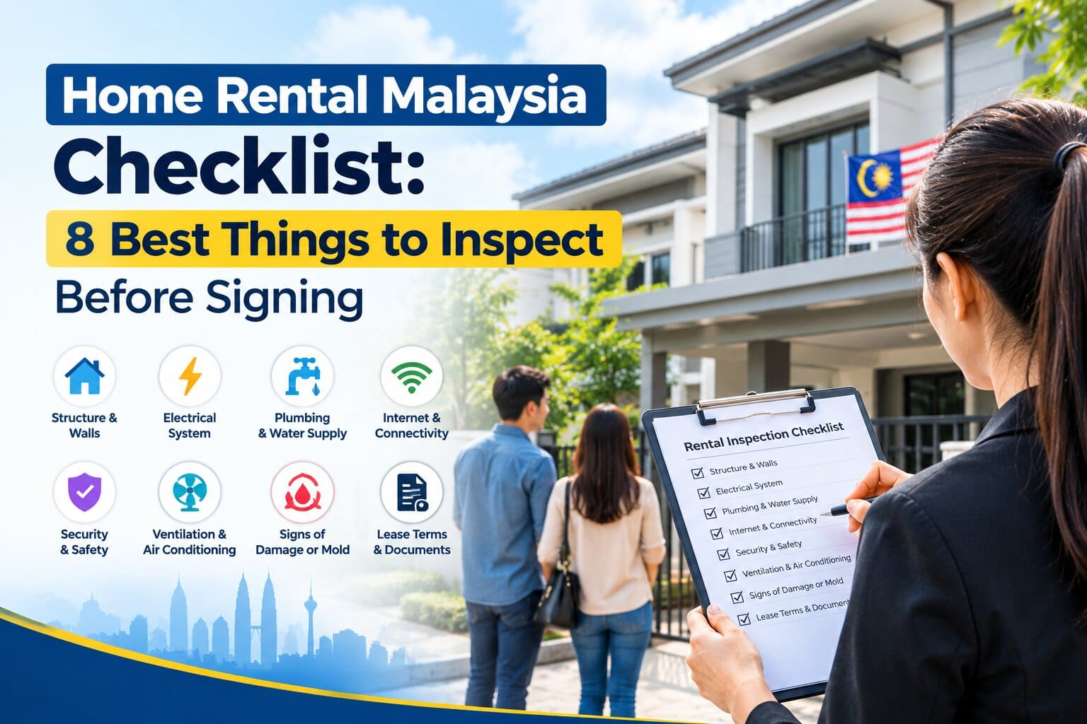 A prospective tenant using a comprehensive home rental malaysia checklist to inspect plumbing and water fixtures inside a modern residential property.