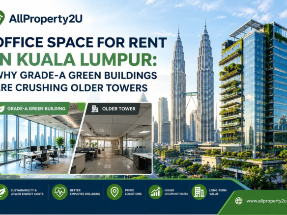 Sustainable Grade-A commercial office space for rent kuala lumpur featuring modern open interior layout and panoramic floor-to-ceiling city views.