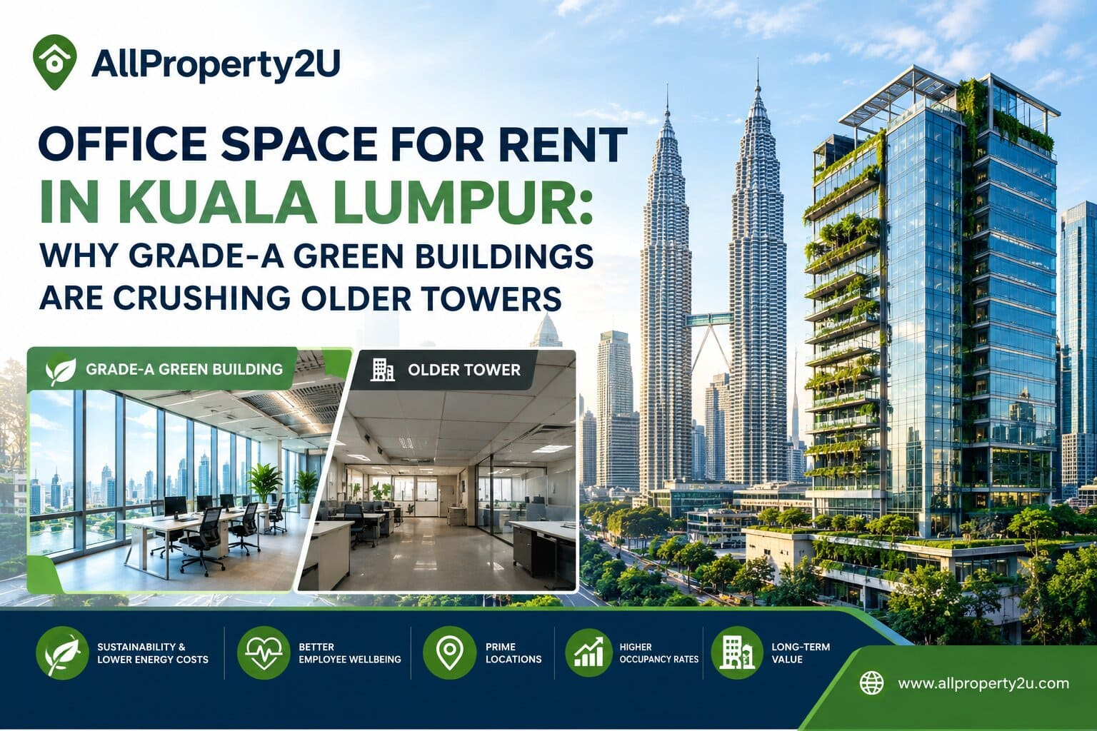 Sustainable Grade-A commercial office space for rent kuala lumpur featuring modern open interior layout and panoramic floor-to-ceiling city views.